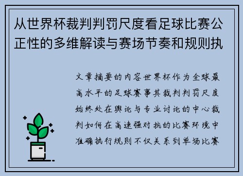 从世界杯裁判判罚尺度看足球比赛公正性的多维解读与赛场节奏和规则执行